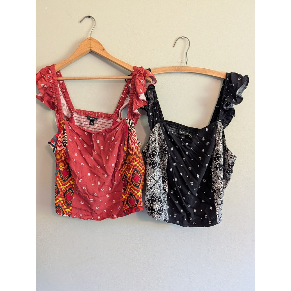 Lot of 2 Torrid Challis Smocked Ruffle Trim Crop Top Boho Paisley Geo‎ Red Black